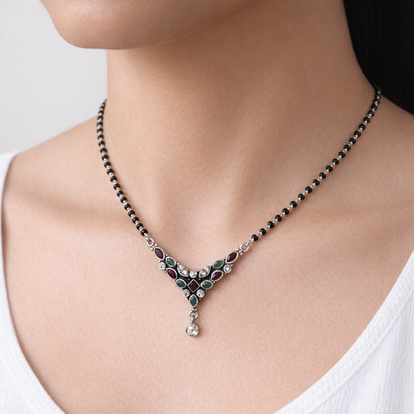 Tricolor V Mangalsutra jewellery alternate view 2 by DG Fine Silver