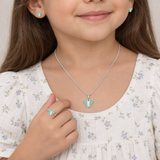 Aqua Butterfly Kids Jewellery Set, worn lifestyle view