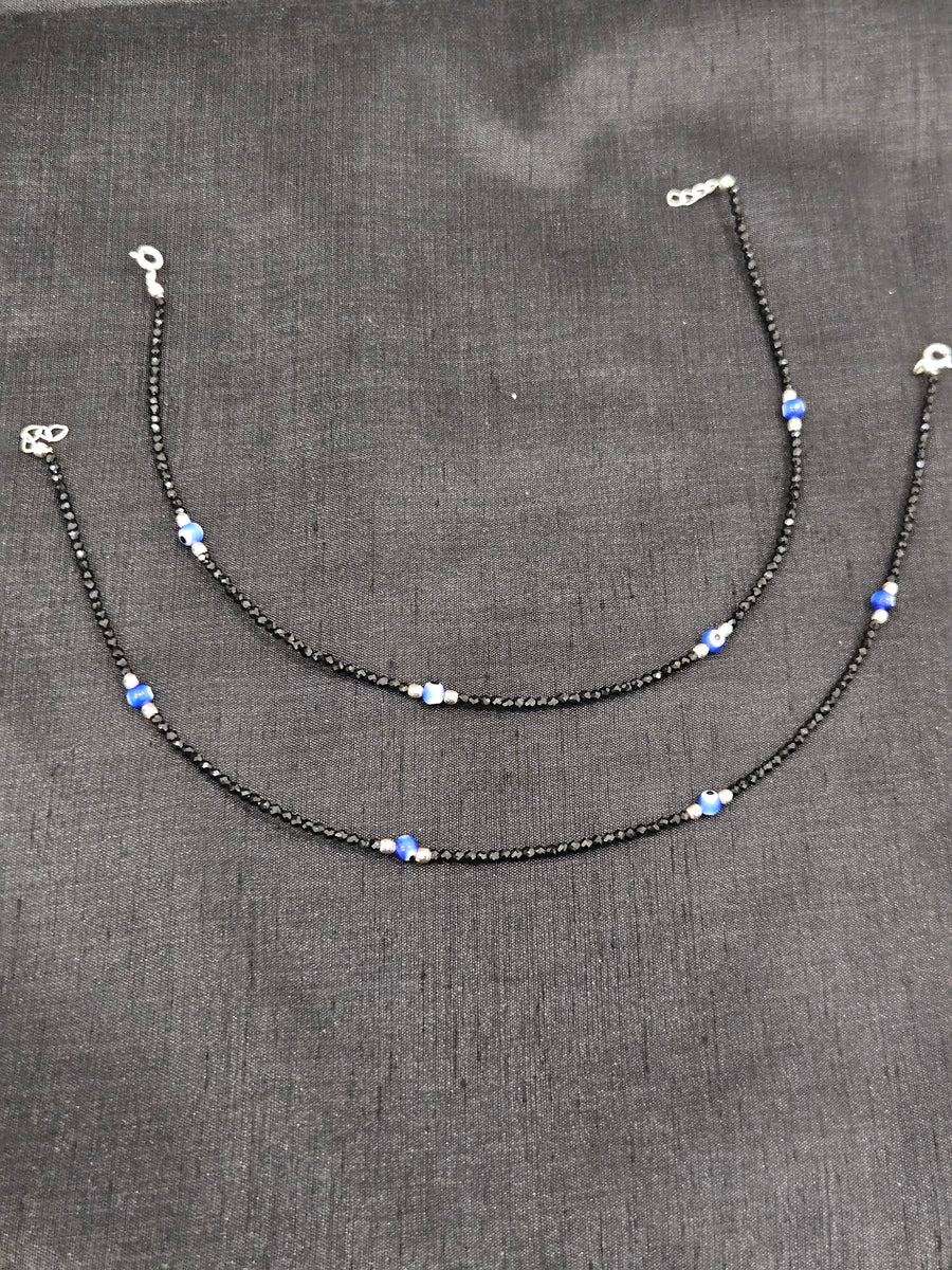 Black Bead Blue Accent Kids Rings, front view