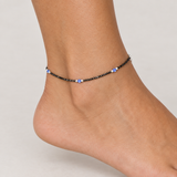 Black Bead Blue Accent Anklet, worn lifestyle view