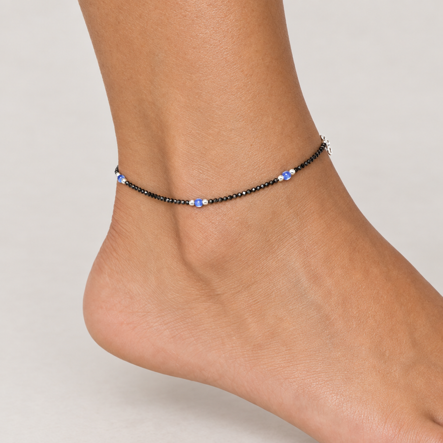 Black Bead Blue Accent Anklet, worn lifestyle view