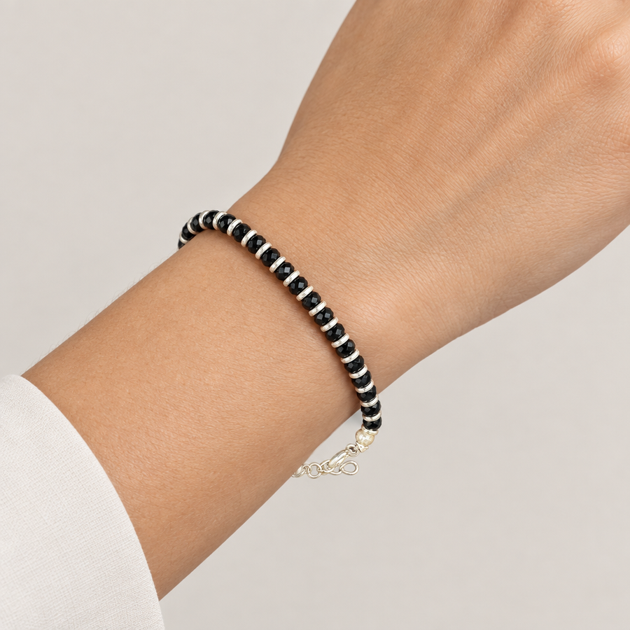 Black Bead Silver-Tone Bangle, worn lifestyle view