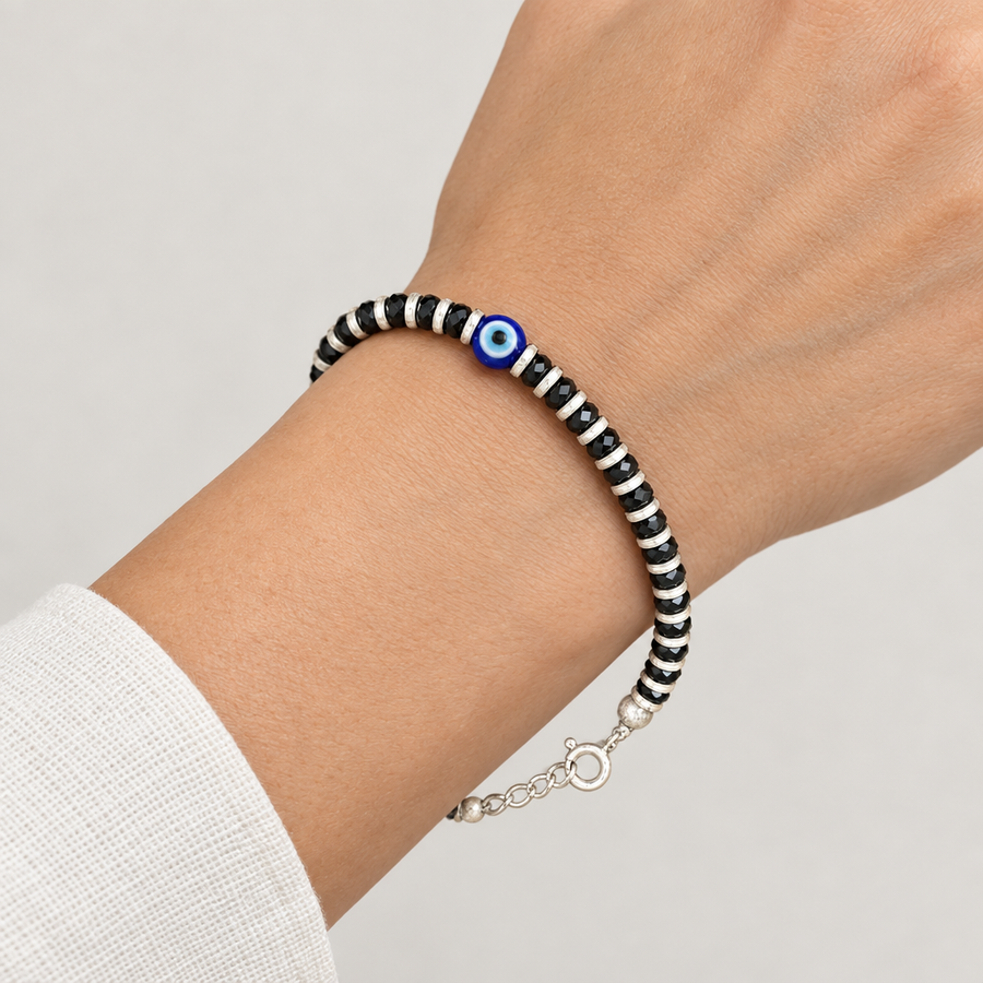 Blue Black Bead Eye Bangle, worn lifestyle view