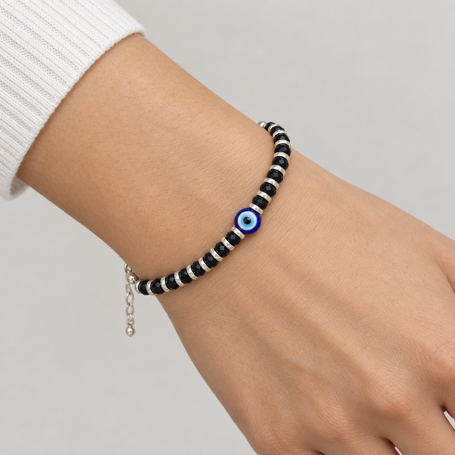 Evil Eye Black Bead Chain Bracelet, worn lifestyle view