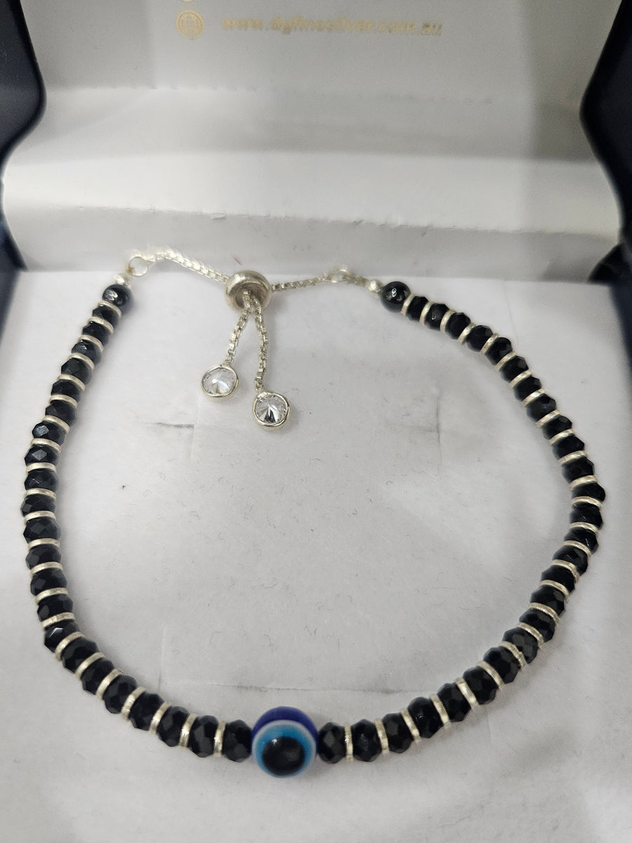 Black Bead Evil Eye Bracelet, angled view