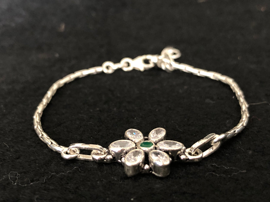 Green Flower Silver Bracelet, angled view