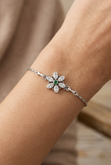 Green Flower Silver Bracelet, clasp-free worn lifestyle view