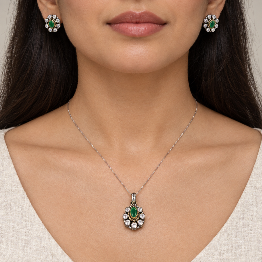 Green Oval Halo Set, worn lifestyle view