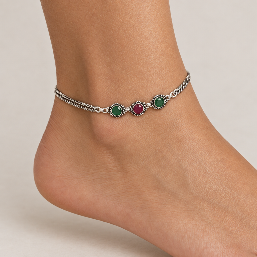 Silver-Tone Gemstone Anklet, worn lifestyle view