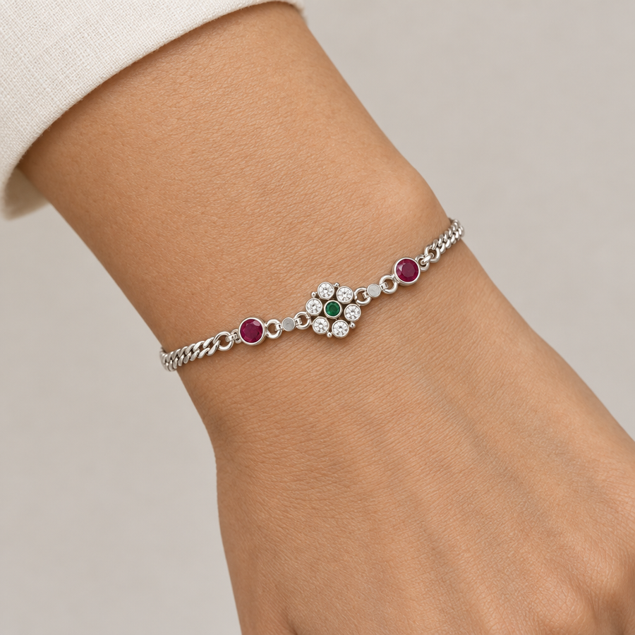 Silver-Tone Floral Gem Bracelet, worn lifestyle view