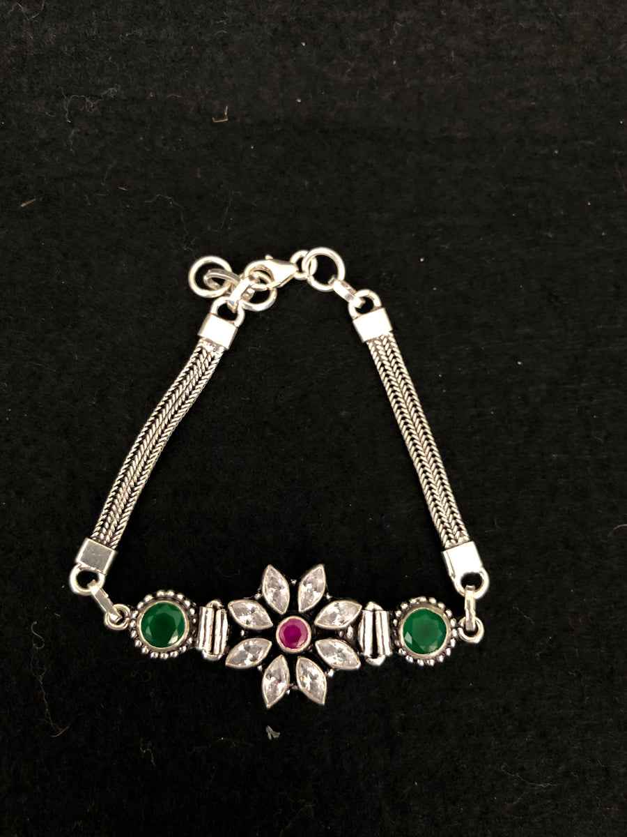 Floral Green Silver Bracelet, top view