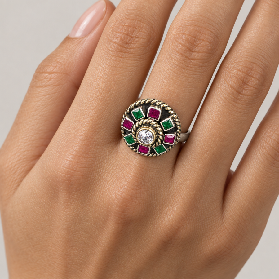 Geometric Gemstone Silver Ring, worn lifestyle view