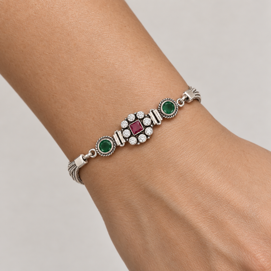 Green Stone Halo Bracelet, worn lifestyle view