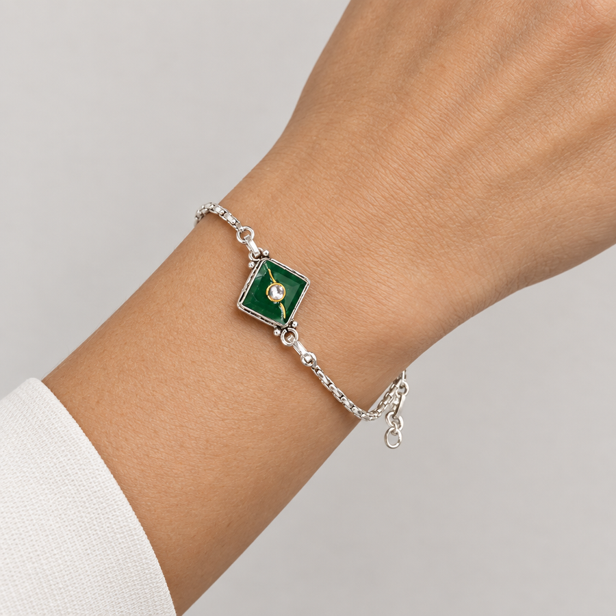 Green Square Pendant Bracelet, worn lifestyle view