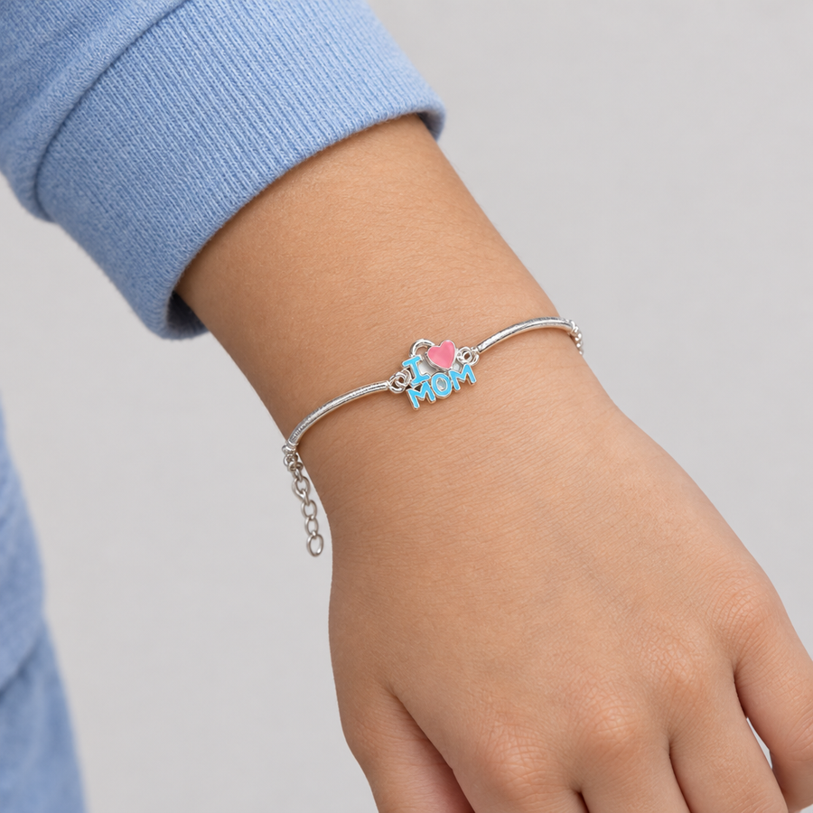 I Love Mom Kids Bracelet worn on a child aged 7 to 9 years