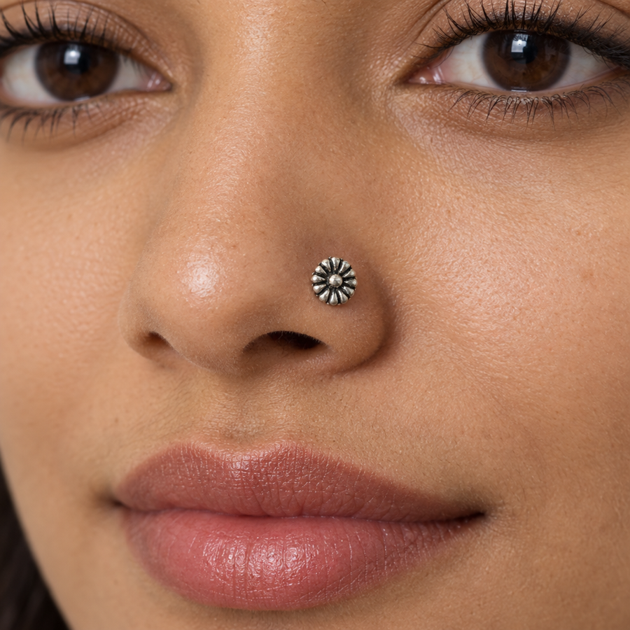 Round Oxidized Flower Nose Pin, worn lifestyle view