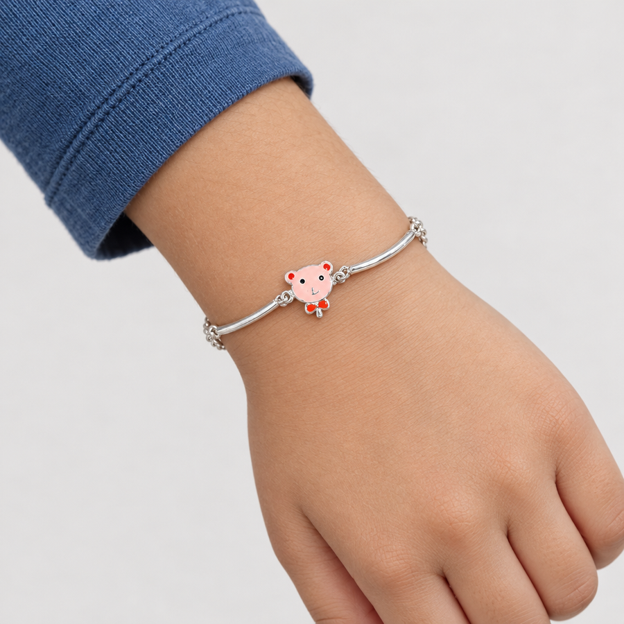 Pink Bear Charm Bracelet worn on a child aged 7 to 9 years