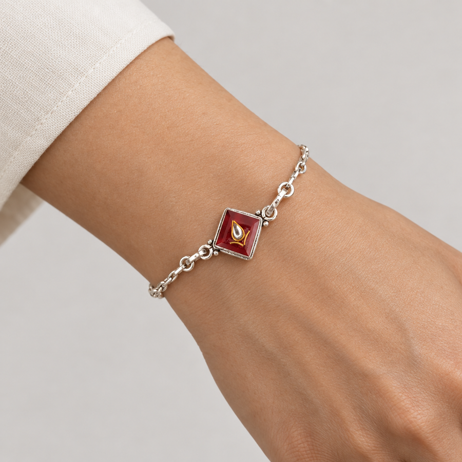 Red Enamel Diya Bracelet, worn lifestyle view