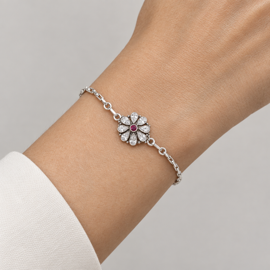 Silver-Tone Floral Center Bracelet, worn lifestyle view