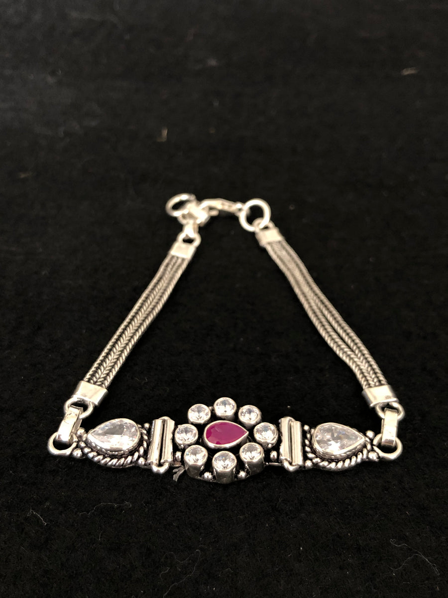 Ruby Teardrop Silver Bracelet, angled view