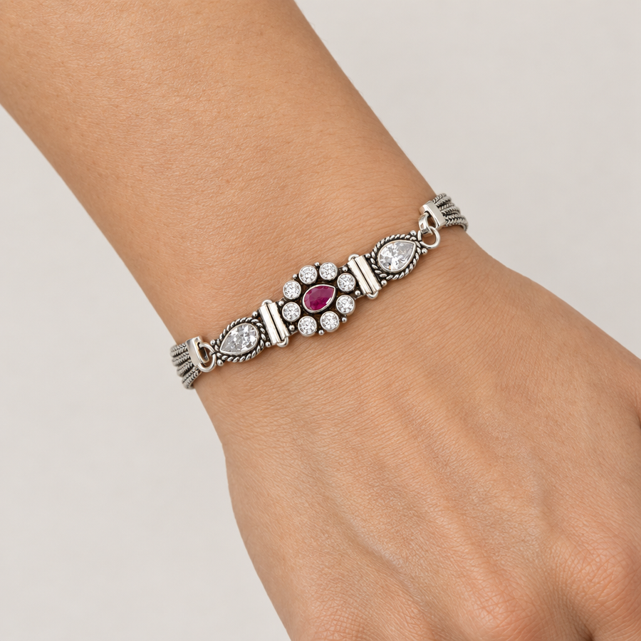Ruby Teardrop Silver Bracelet, worn lifestyle view
