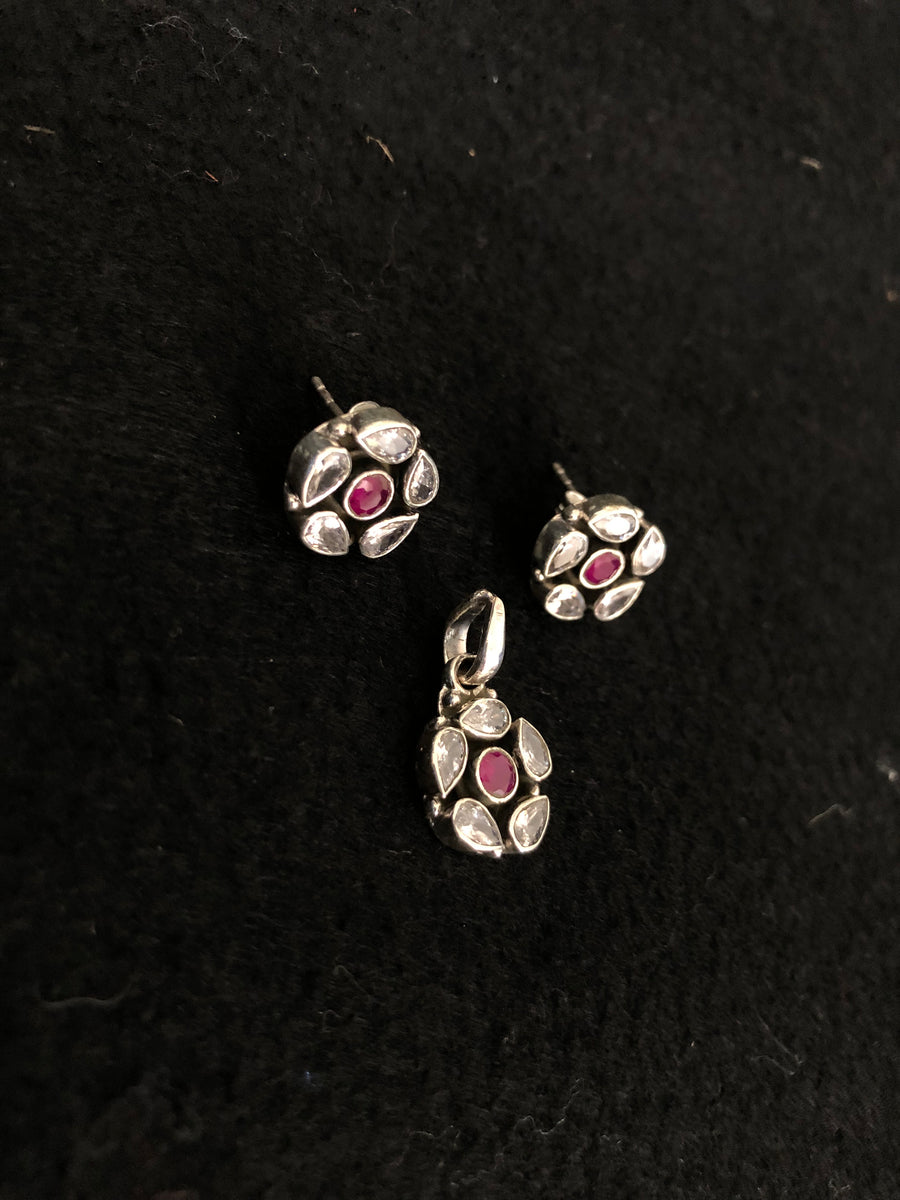 Ruby Floral Pendant Earring Set, angled view