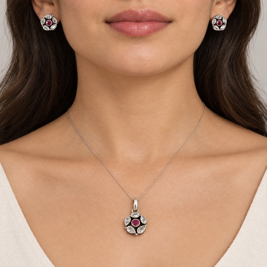 Ruby Floral Pendant Earring Set, worn lifestyle view