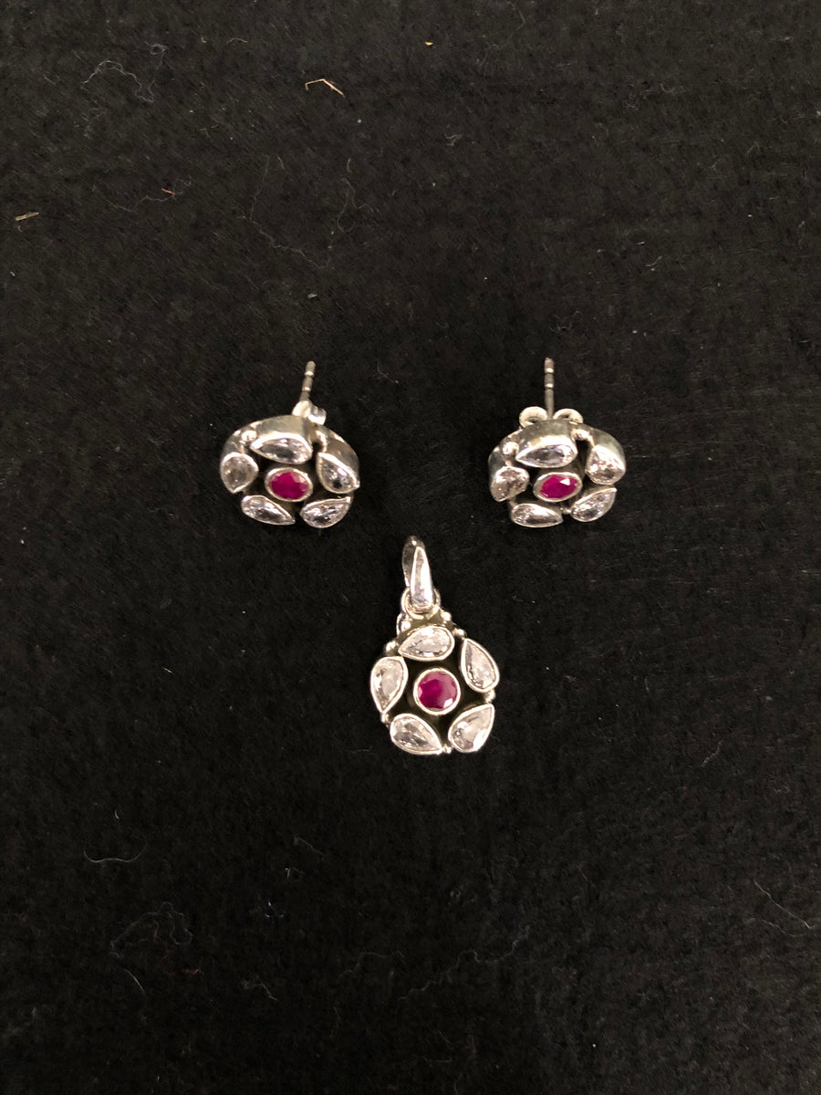 Ruby Floral Pendant Earring Set, top view