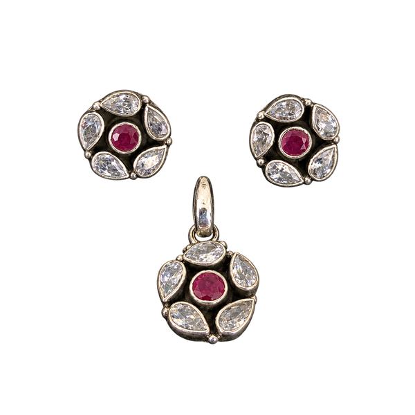 Ruby Floral Pendant Earring Set, transparent catalogue view