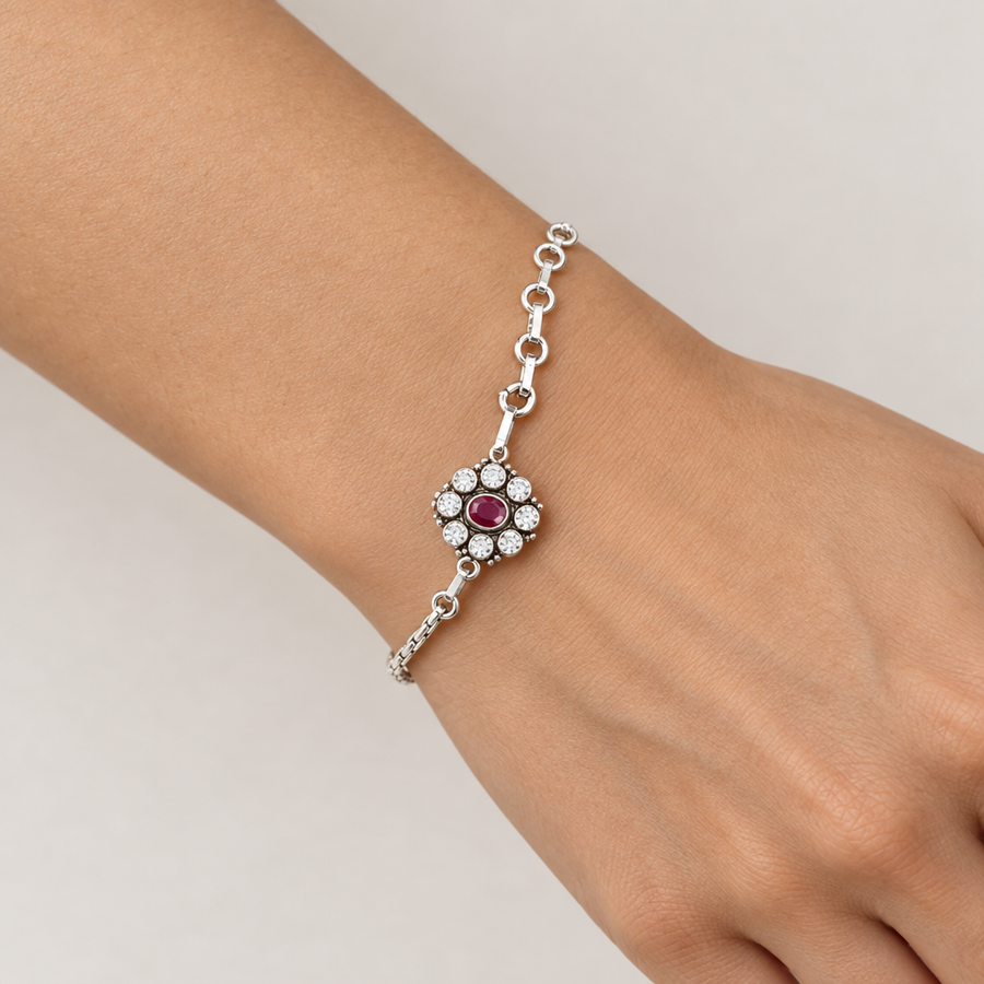 Ruby Halo Chain Bracelet, worn lifestyle view
