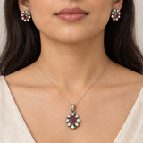 Ruby Oval Halo Set, worn lifestyle view