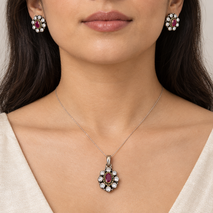 Ruby Oval Halo Set, worn lifestyle view