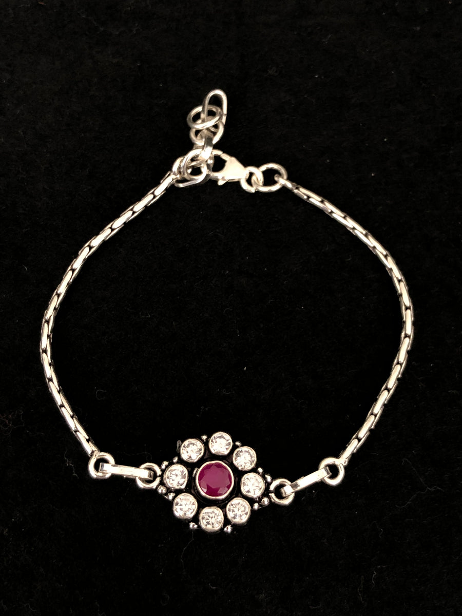 Ruby Halo Silver Bracelet, top view