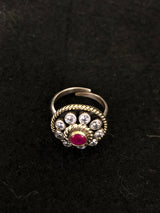 Round Ruby Halo Silver Ring, front view