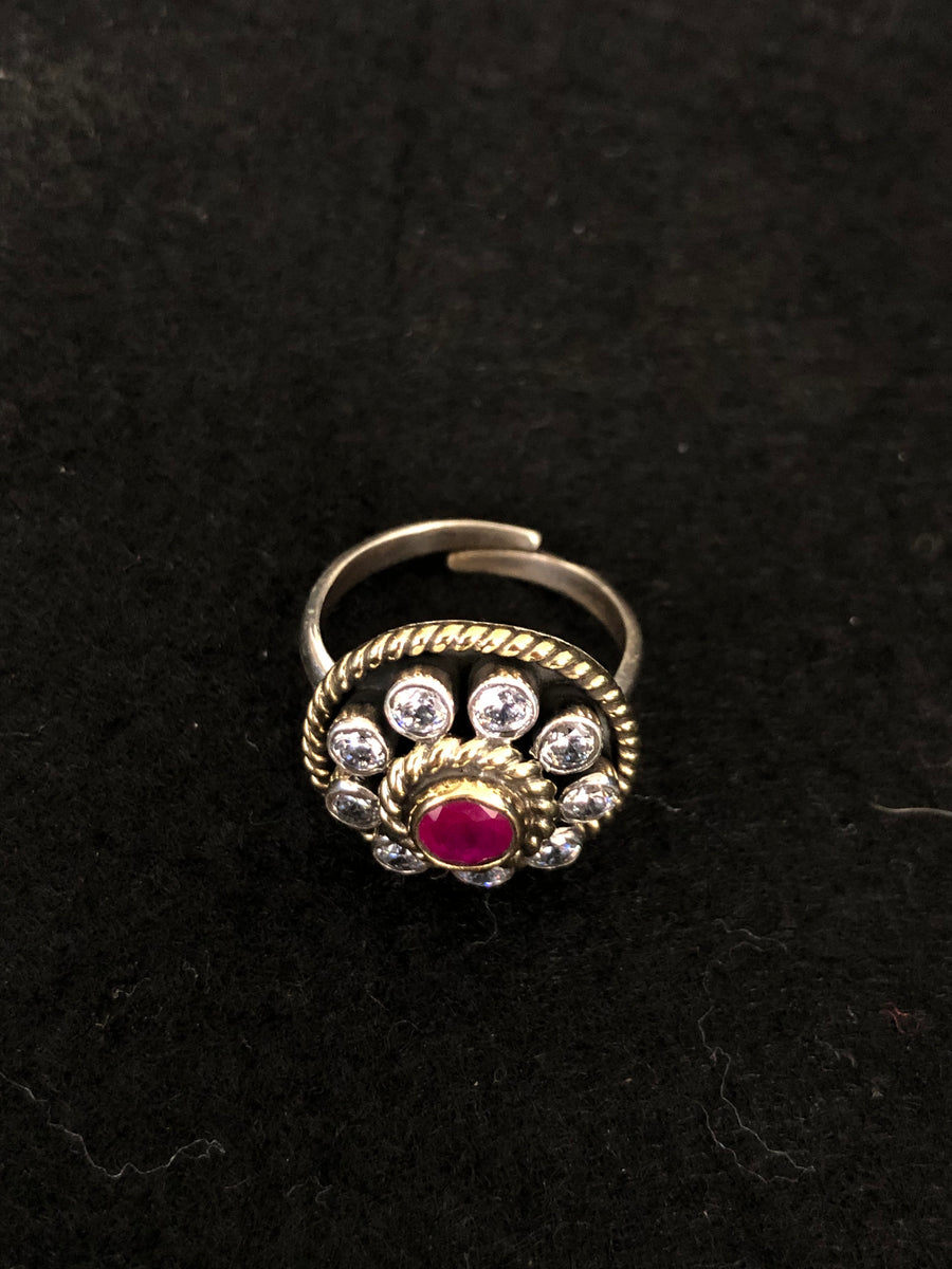 Round Ruby Halo Silver Ring, front view