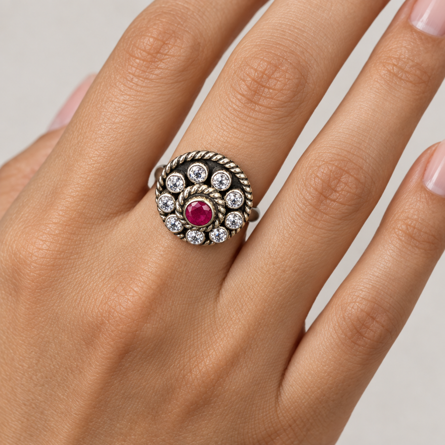 Round Ruby Halo Silver Ring, worn lifestyle view