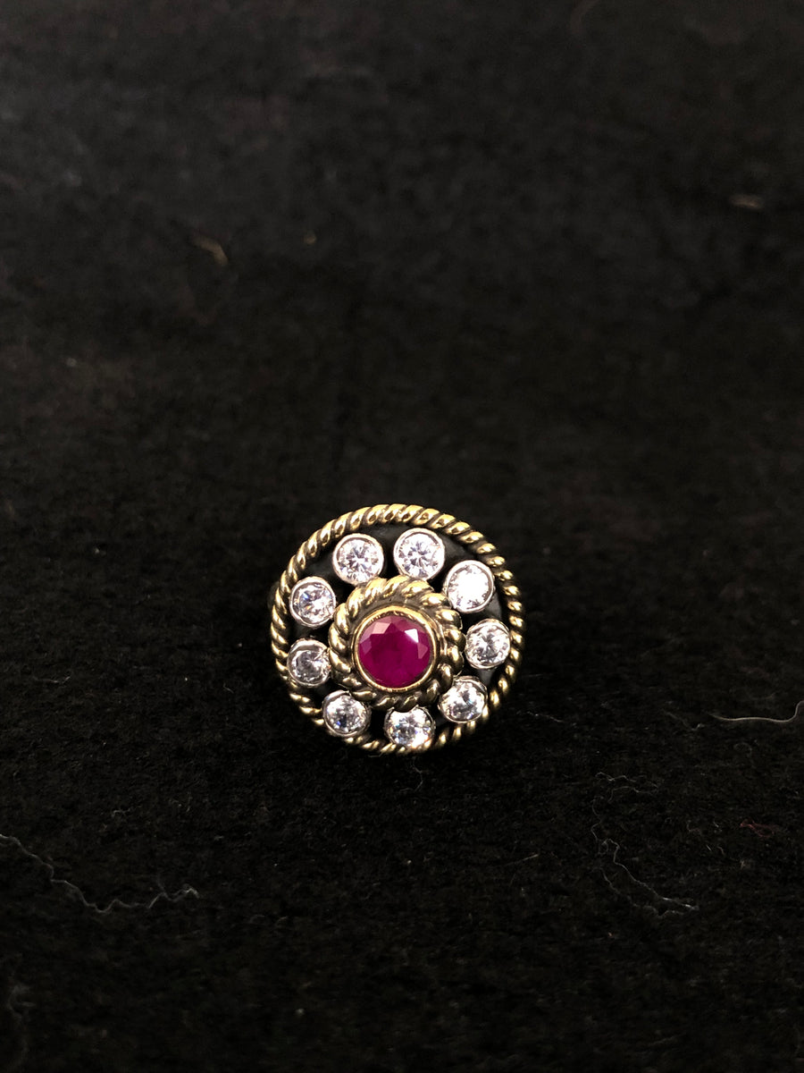 Round Ruby Halo Silver Ring, top view