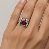 Ruby Halo Silver Ring, worn lifestyle view