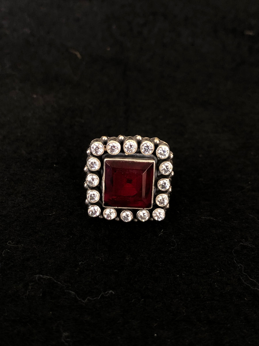 Ruby Halo Silver Ring, top view
