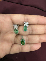 Green oval pendant and matching floral crystal earrings set, chain not included