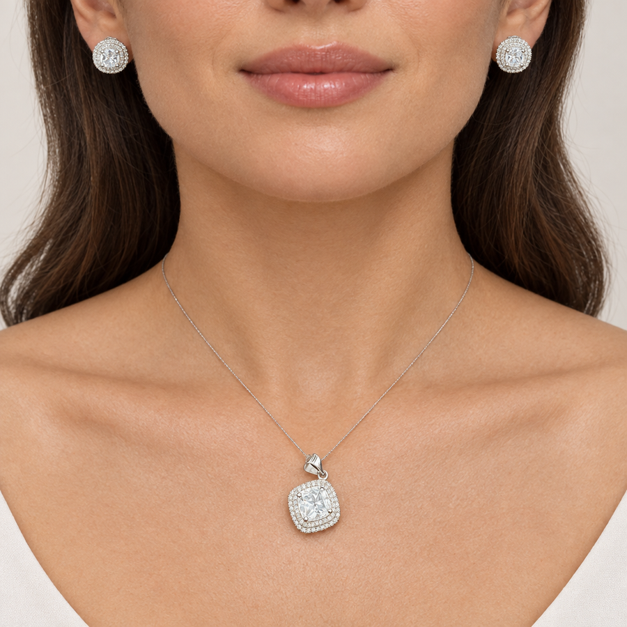Halo Cushion Pendant Set, worn lifestyle view
