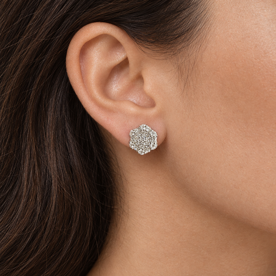 Silver Pave Cluster Hoops, worn lifestyle view