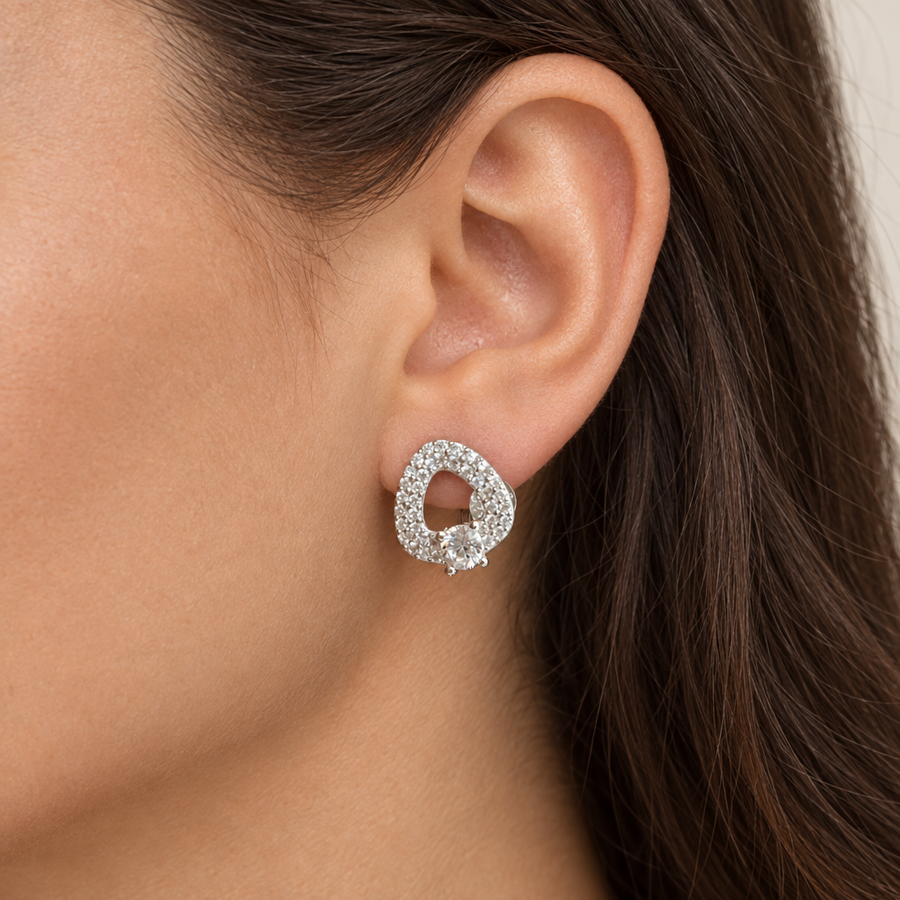 Silver-Tone Pav Teardrop Hoops, worn lifestyle view