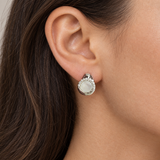 Round Silver Tone Halo Hoop Earrings, worn lifestyle view