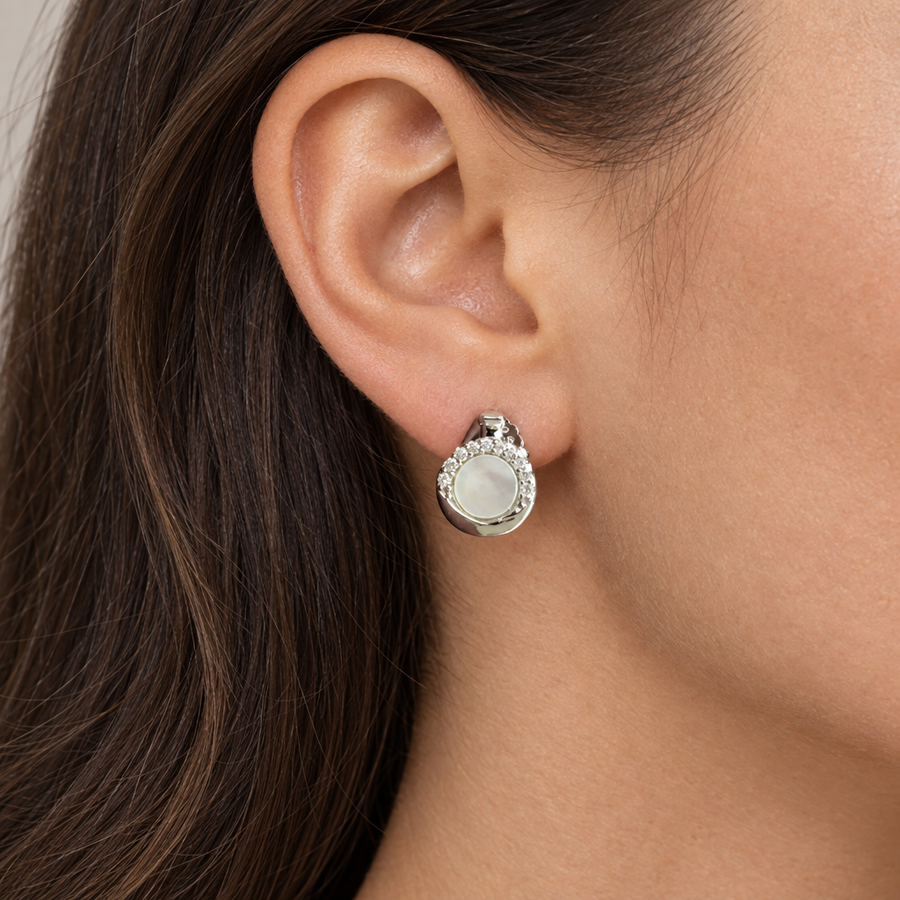 Round Silver Tone Halo Hoop Earrings, worn lifestyle view