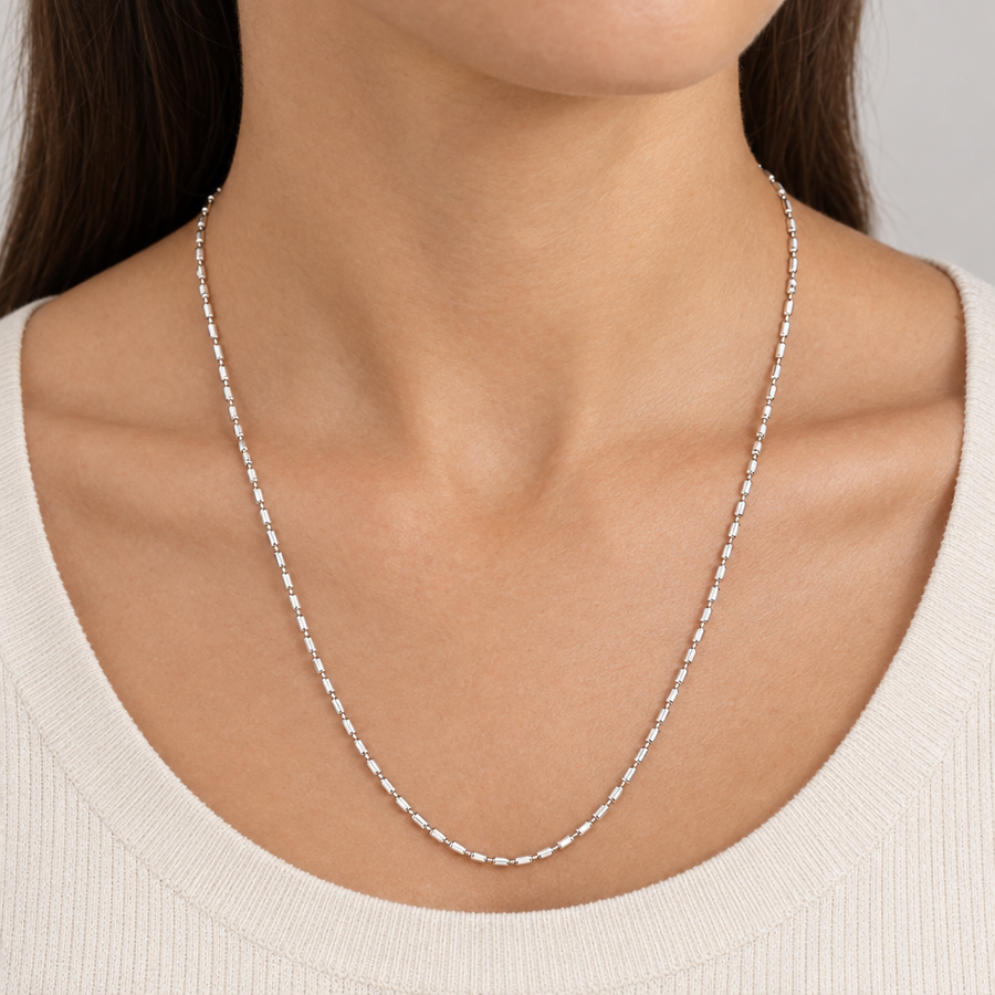 Silver-Tone Cylindrical Bead Chain, worn lifestyle view