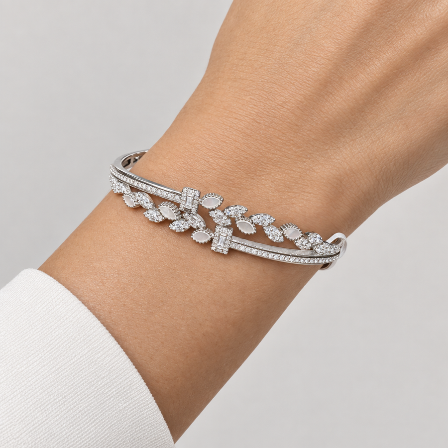 Leaf Crystal Open Bangle, worn lifestyle view