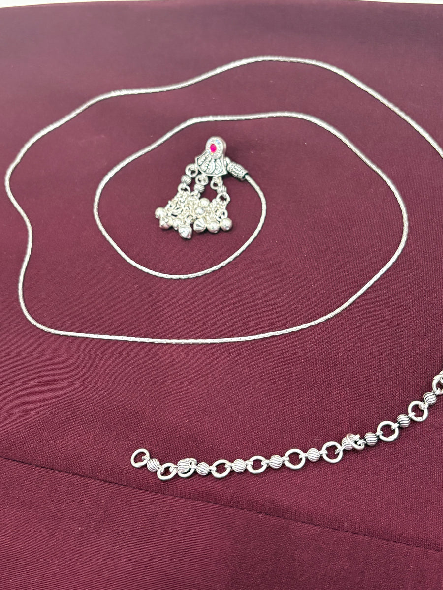 Silver-Tone Pink Stone Bell-Dangle Kamarbandh angled view