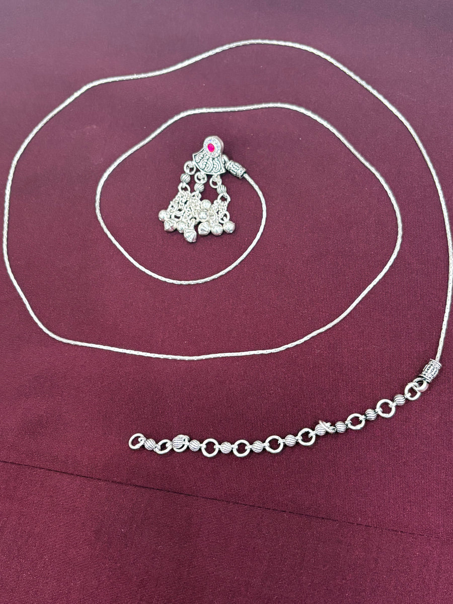 Silver-Tone Pink Stone Bell-Dangle Kamarbandh close up