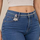 Silver-Tone Pink Stone Bell-Dangle Kamarbandh worn over blue jeans